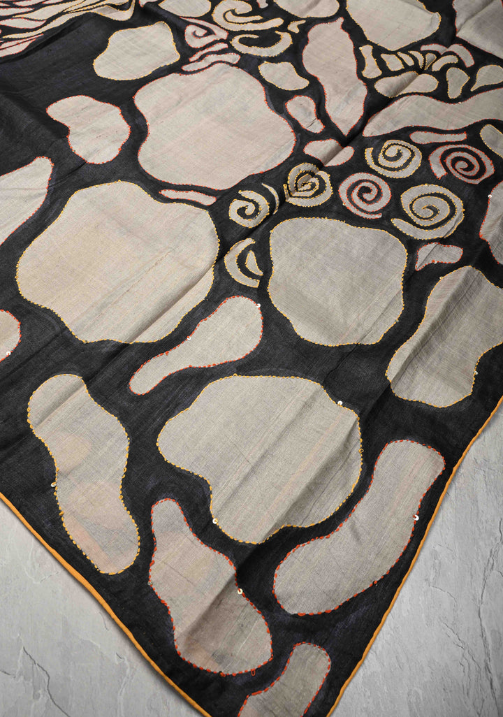 Black-Beige  Tussar Silk saree with Abstract Digital Print and Kantha Hand Embroidery | SILK MARK CERTIFIED