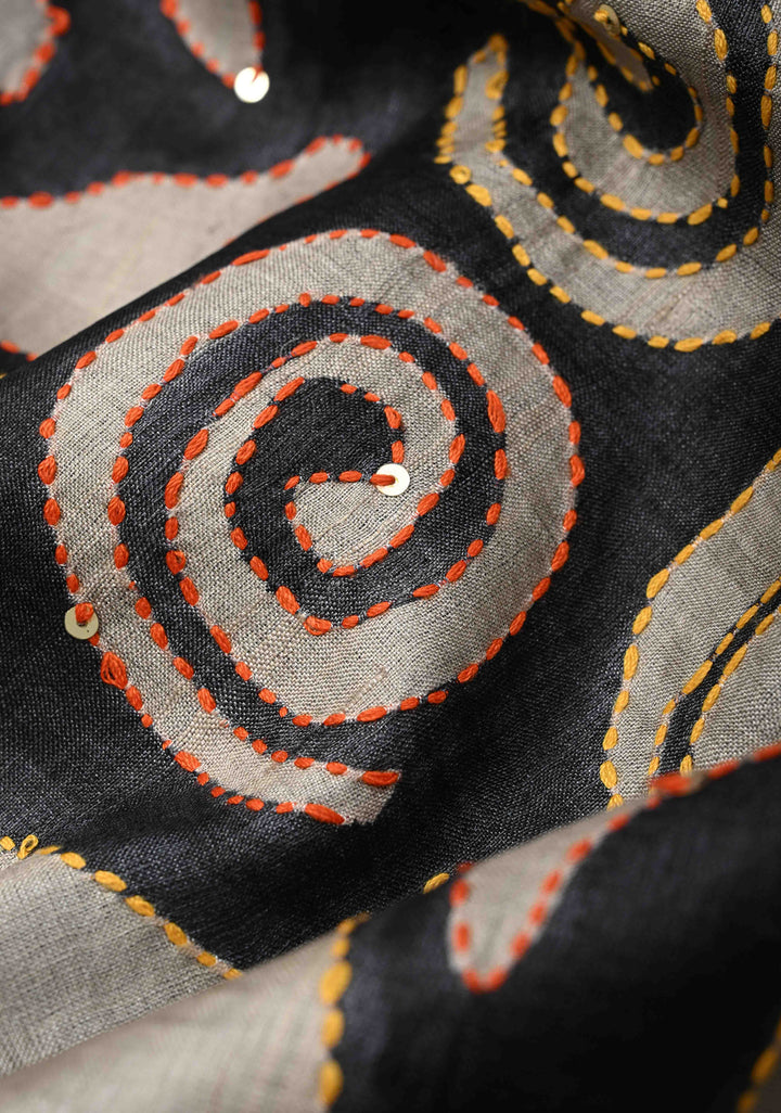 Black-Beige  Tussar Silk saree with Abstract Digital Print and Kantha Hand Embroidery | SILK MARK CERTIFIED
