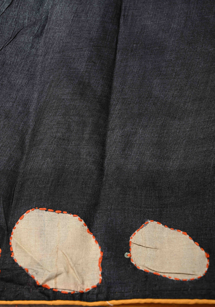 Black-Beige  Tussar Silk saree with Abstract Digital Print and Kantha Hand Embroidery | SILK MARK CERTIFIED