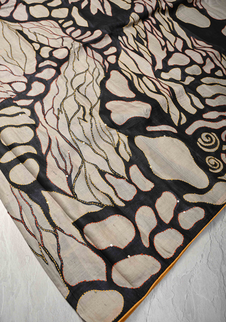 Black-Beige  Tussar Silk saree with Abstract Digital Print and Kantha Hand Embroidery | SILK MARK CERTIFIED