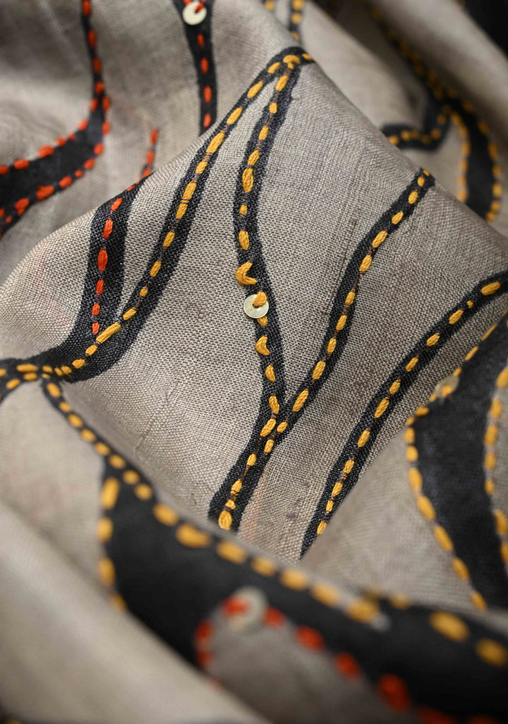 Black-Beige  Tussar Silk saree with Abstract Digital Print and Kantha Hand Embroidery | SILK MARK CERTIFIED