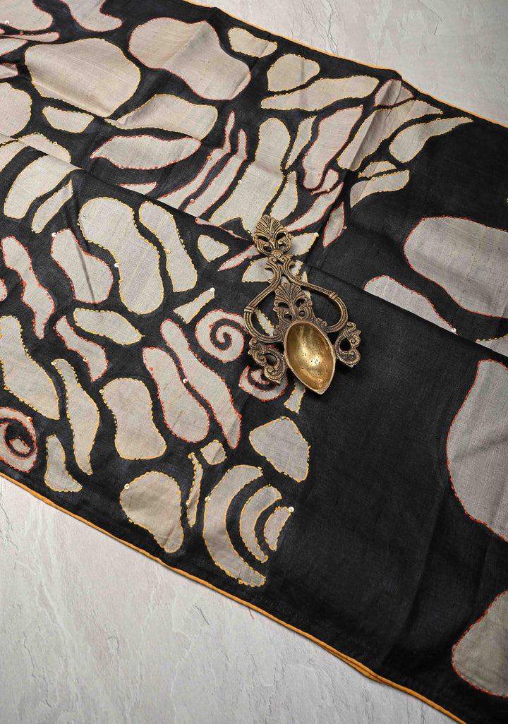 Black-Beige  Tussar Silk saree with Abstract Digital Print and Kantha Hand Embroidery | SILK MARK CERTIFIED