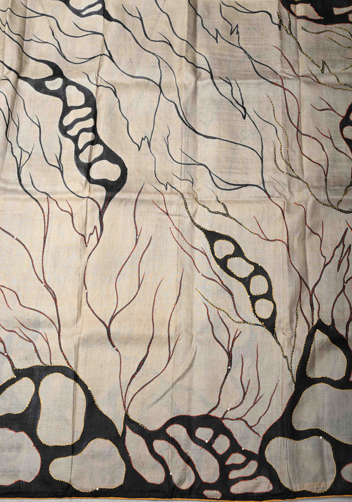 Black-Beige  Tussar Silk saree with Abstract Digital Print and Kantha Hand Embroidery | SILK MARK CERTIFIED