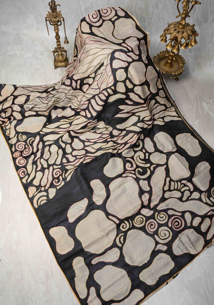 Black-Beige  Tussar Silk saree with Abstract Digital Print and Kantha Hand Embroidery | SILK MARK CERTIFIED