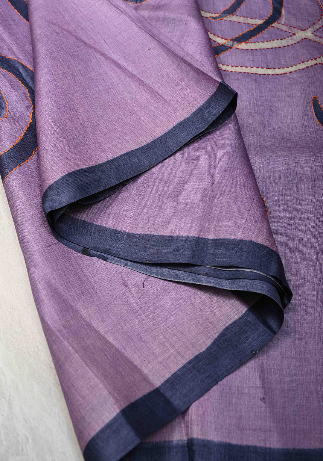 Dark Lilac Tussar Silk Fusion saree with Handpainted and Kantha Hand Embroidery | SILK MARK CERTIFIED