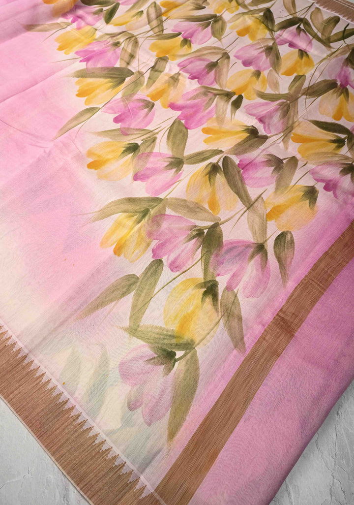 Neon Pink Mercerized Cotton Saree with Hand painted and Zari Borders