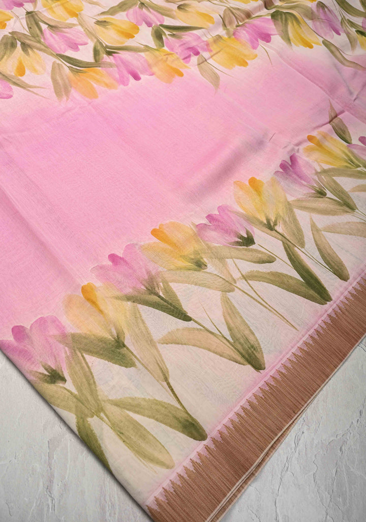 Neon Pink Mercerized Cotton Saree with Hand painted and Zari Borders