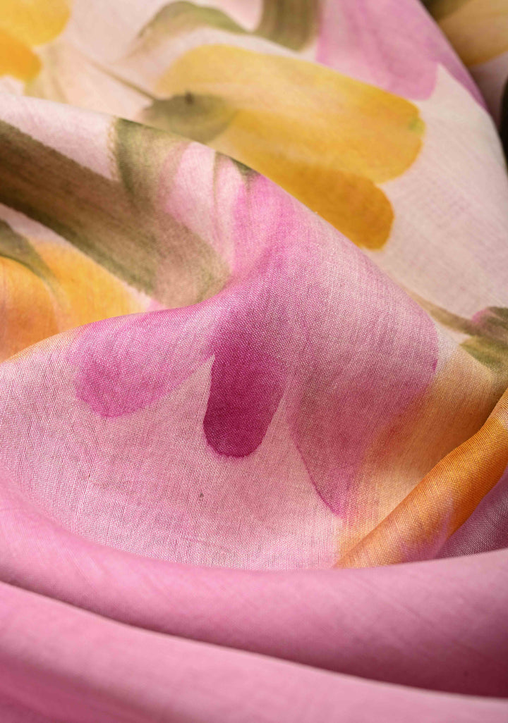 Neon Pink Mercerized Cotton Saree with Hand painted and Zari Borders