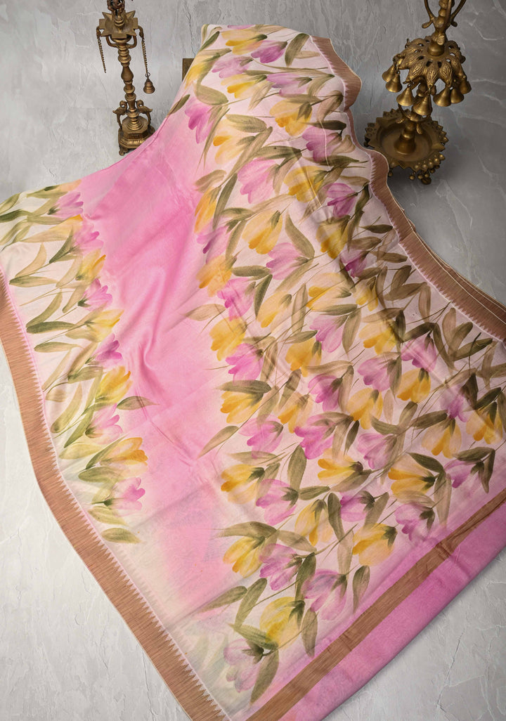 Neon Pink Mercerized Cotton Saree with Hand painted and Zari Borders