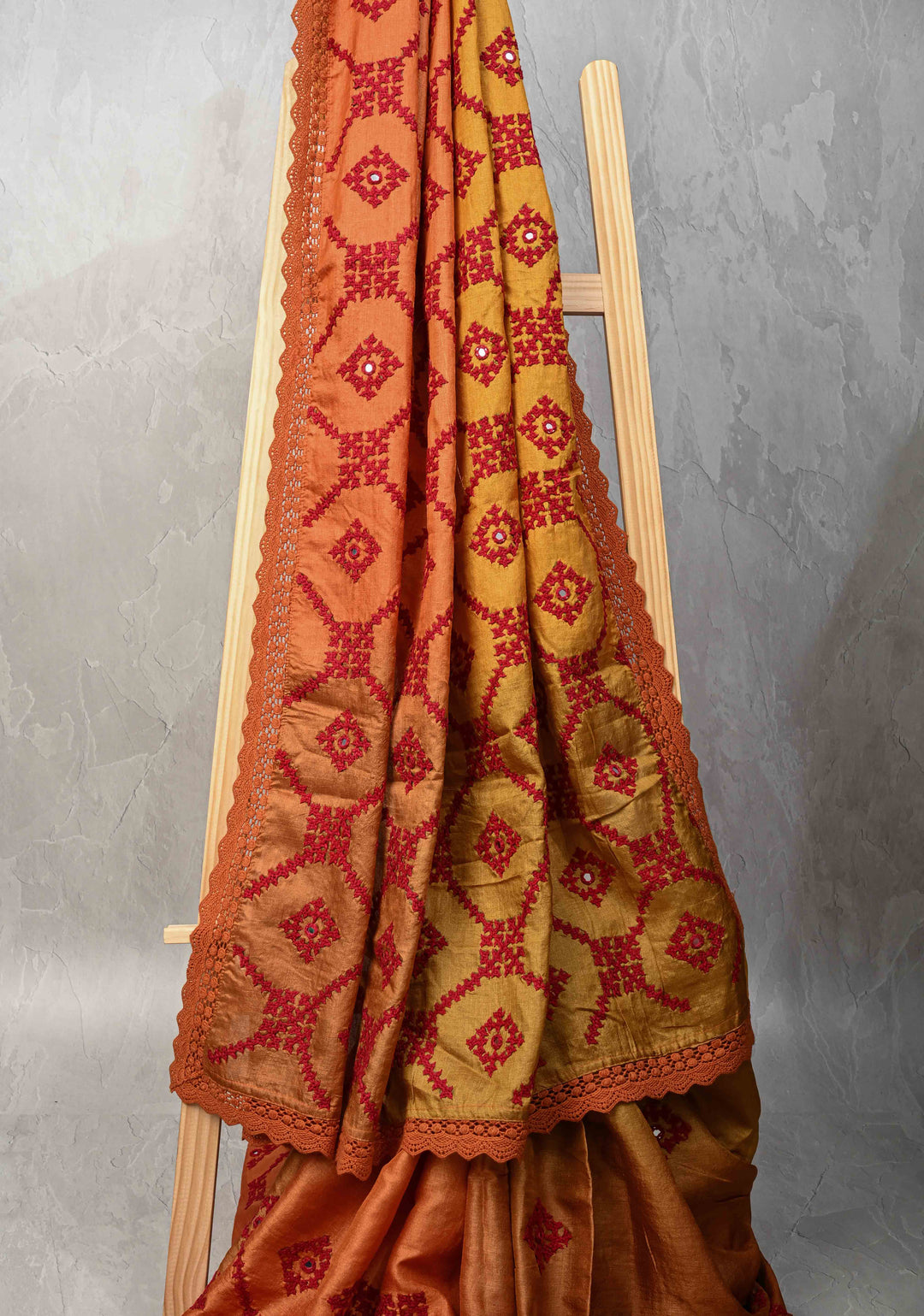 Pre-order Mustrad Orange Ombre Pure Tussar Silk Saree with Gujarati Hand Embroidery and Mirror Work | SILK MARK CERTIFIED