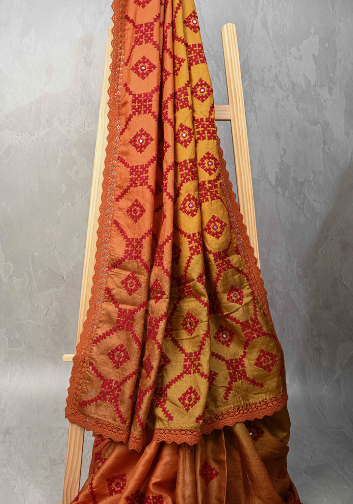 Pre-order Mustrad Orange Ombre Pure Tussar Silk Saree with Gujarati Hand Embroidery and Mirror Work | SILK MARK CERTIFIED