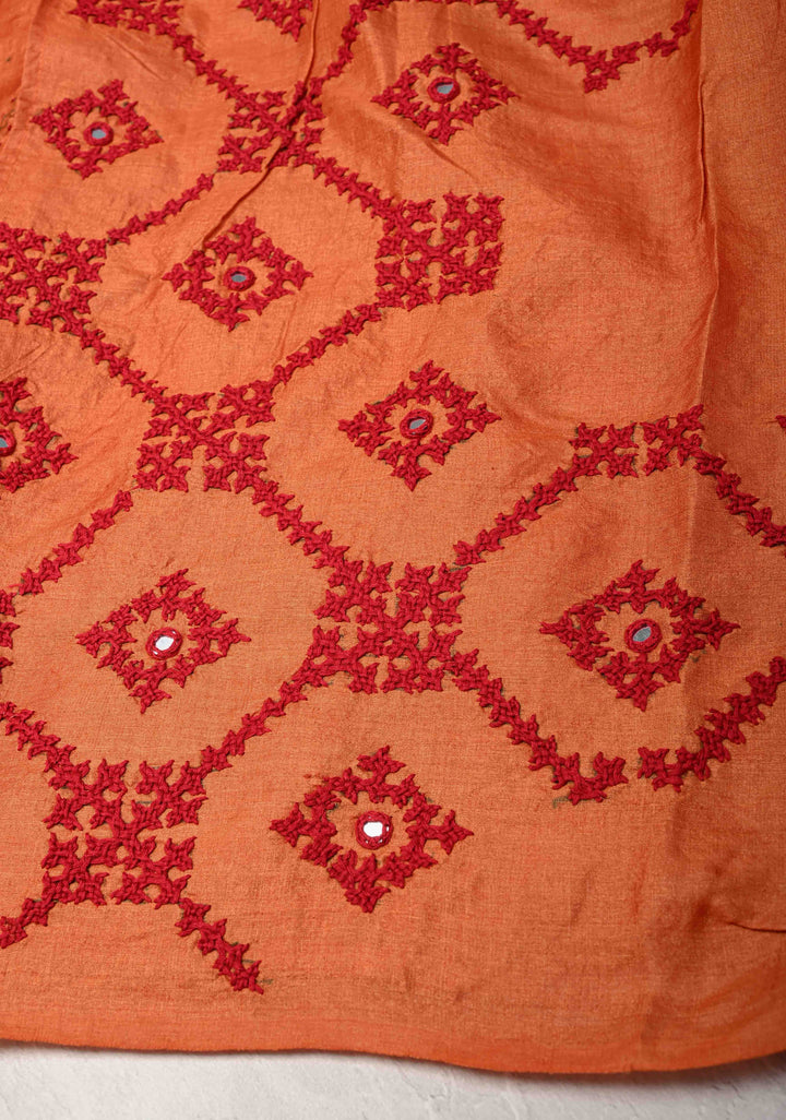 Pre-order Mustrad Orange Ombre Pure Tussar Silk Saree with Gujarati Hand Embroidery and Mirror Work | SILK MARK CERTIFIED
