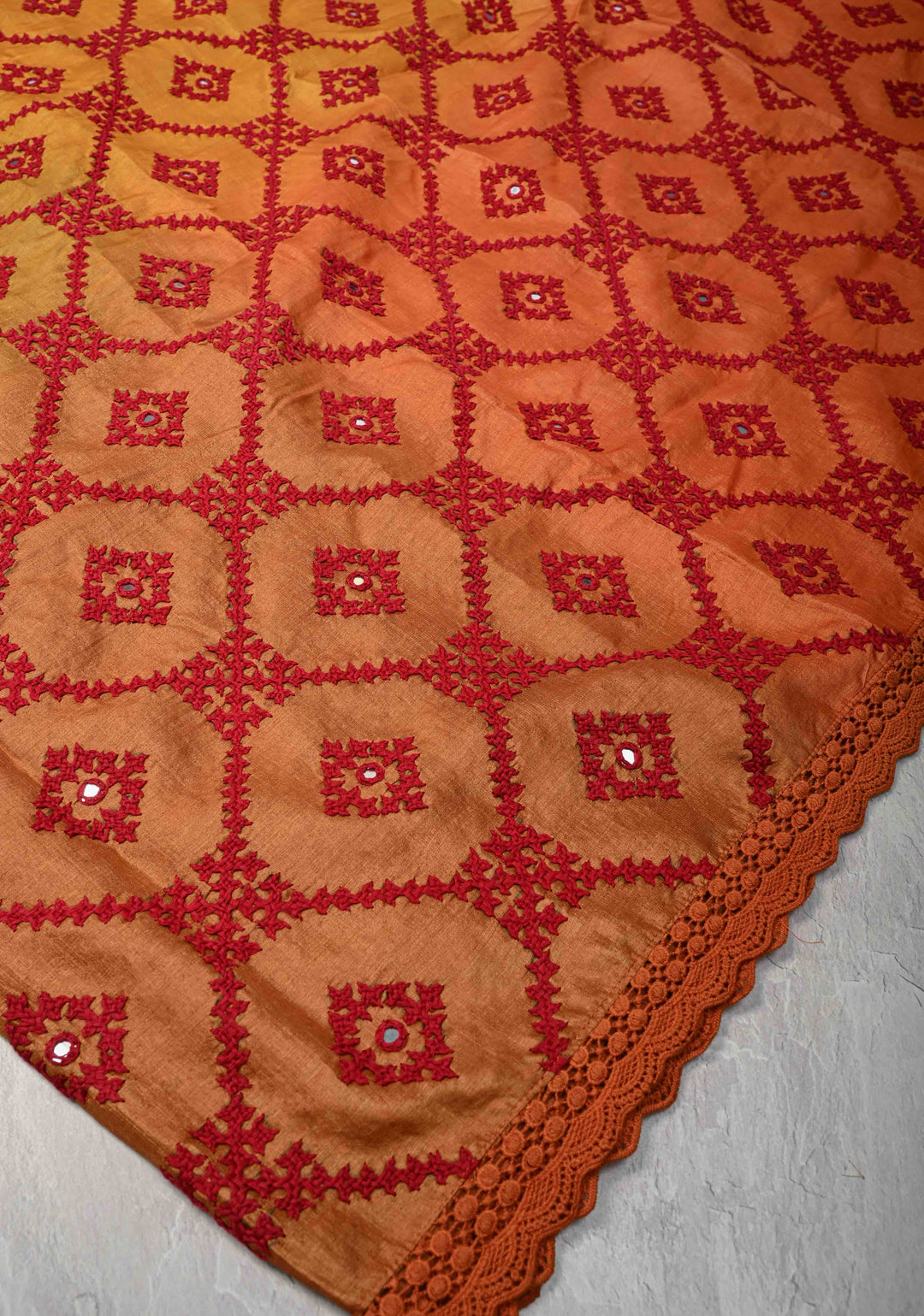 Pre-order Mustrad Orange Ombre Pure Tussar Silk Saree with Gujarati Hand Embroidery and Mirror Work | SILK MARK CERTIFIED
