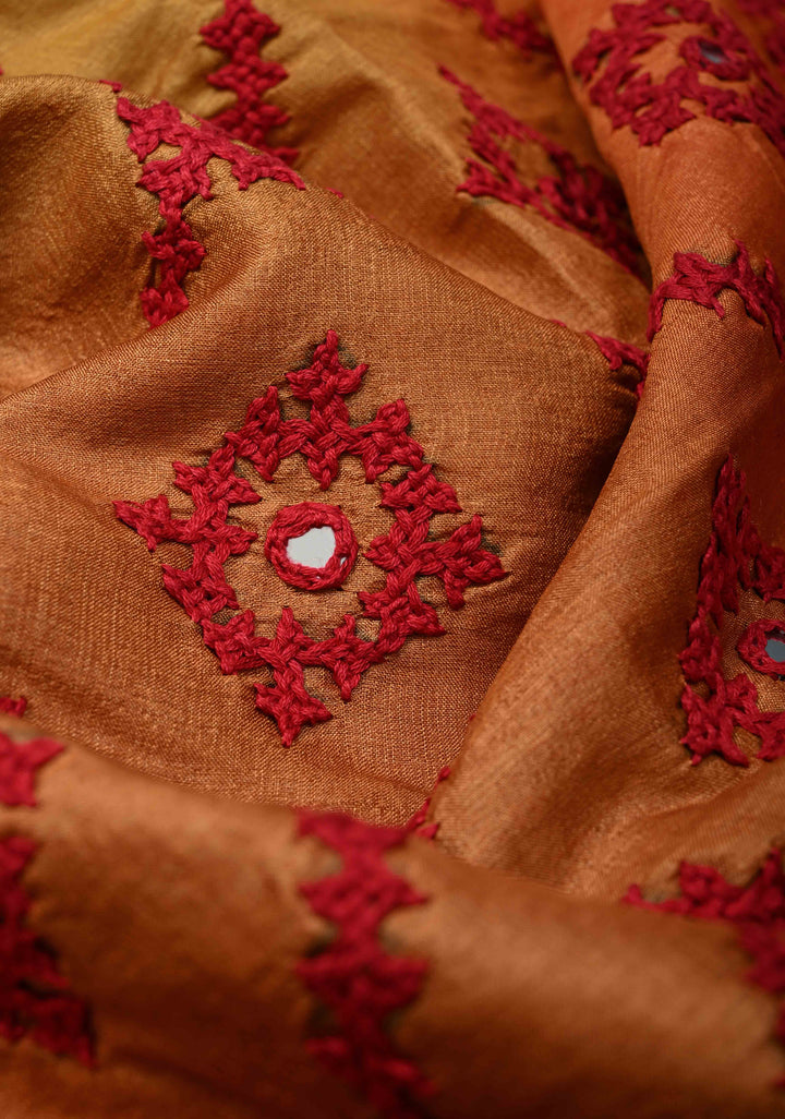Pre-order Mustrad Orange Ombre Pure Tussar Silk Saree with Gujarati Hand Embroidery and Mirror Work | SILK MARK CERTIFIED