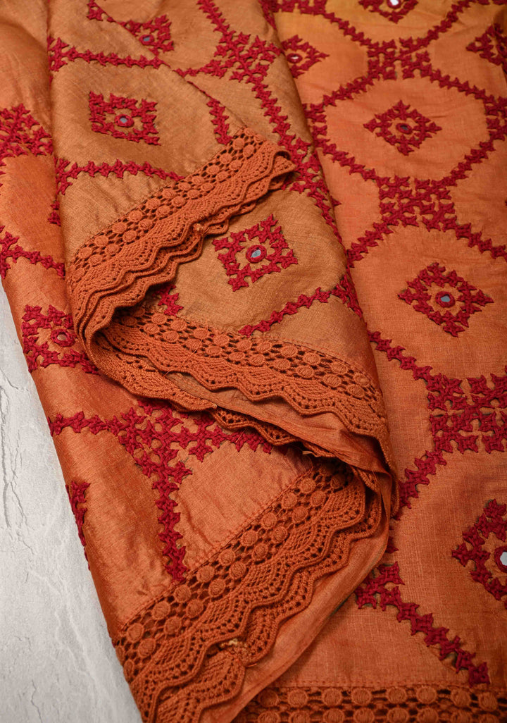 Pre-order Mustrad Orange Ombre Pure Tussar Silk Saree with Gujarati Hand Embroidery and Mirror Work | SILK MARK CERTIFIED