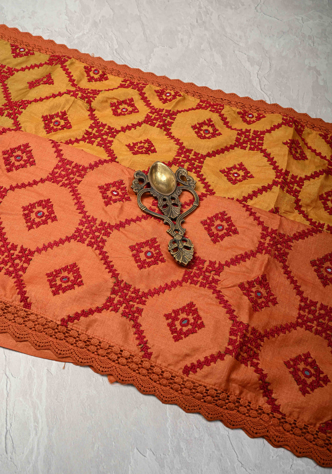 Pre-order Mustrad Orange Ombre Pure Tussar Silk Saree with Gujarati Hand Embroidery and Mirror Work | SILK MARK CERTIFIED