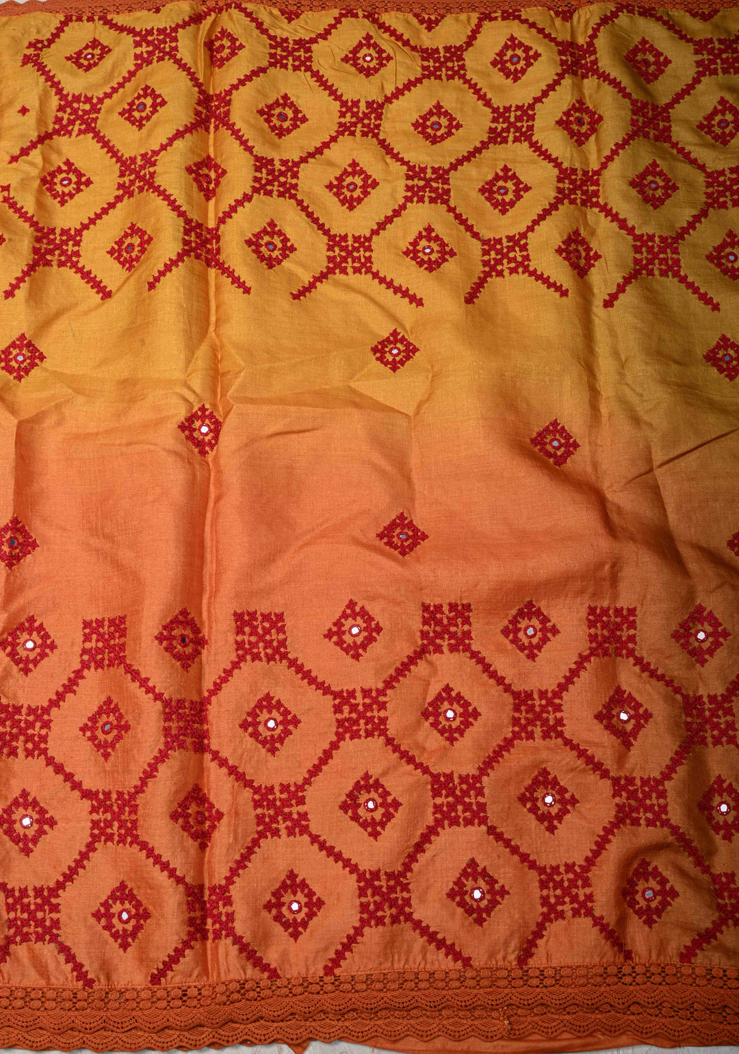 Pre-order Mustrad Orange Ombre Pure Tussar Silk Saree with Gujarati Hand Embroidery and Mirror Work | SILK MARK CERTIFIED