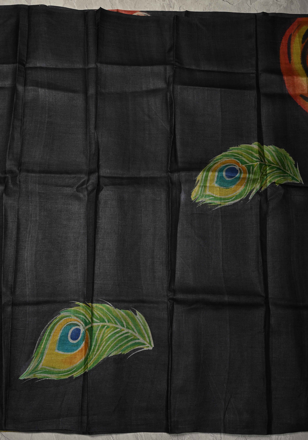 Black Hand Wax Batik Print on JLightweight Tussar Silk saree with Krishna and Peacock Feather Design | SILK MARK CERTIFIED