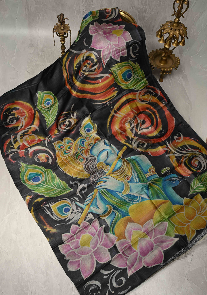 Black Hand Wax Batik Print on JLightweight Tussar Silk saree with Krishna and Peacock Feather Design | SILK MARK CERTIFIED
