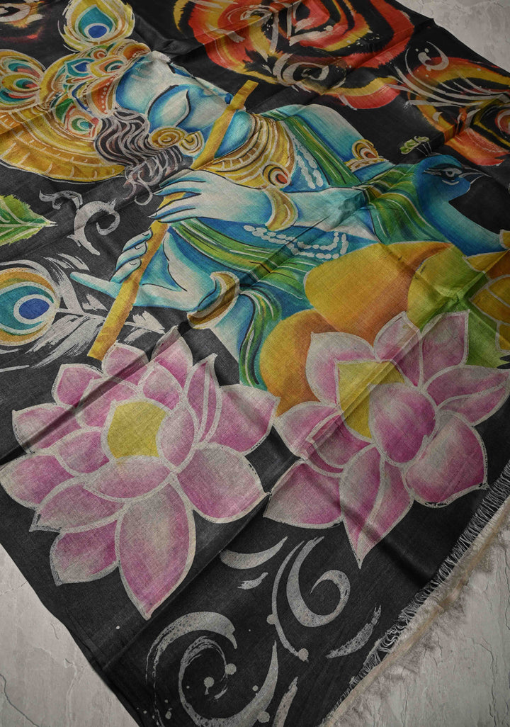 Black Hand Wax Batik Print on JLightweight Tussar Silk saree with Krishna and Peacock Feather Design | SILK MARK CERTIFIED