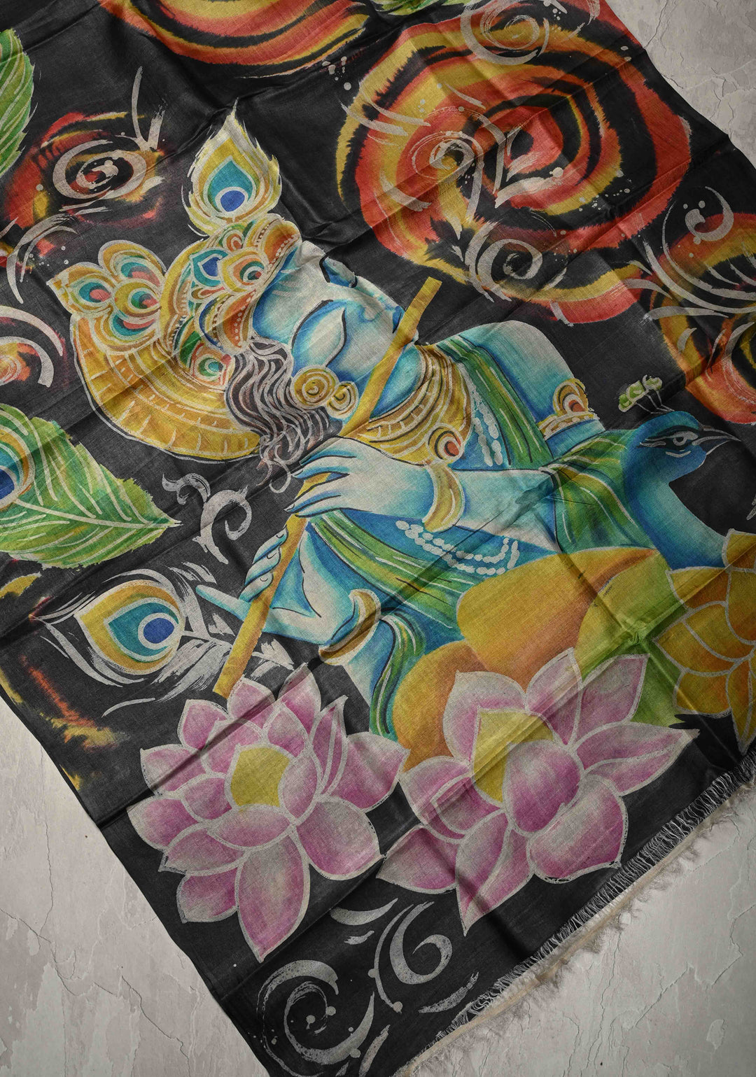 Black Hand Wax Batik Print on JLightweight Tussar Silk saree with Krishna and Peacock Feather Design | SILK MARK CERTIFIED