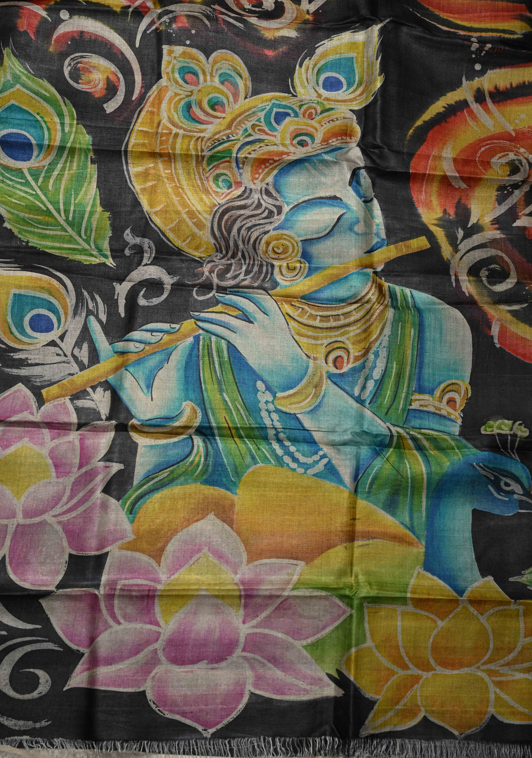 Black Hand Wax Batik Print on JLightweight Tussar Silk saree with Krishna and Peacock Feather Design | SILK MARK CERTIFIED