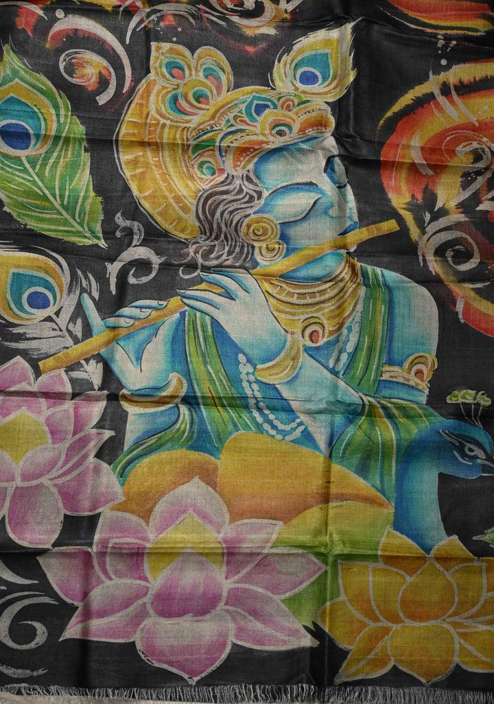 Black Hand Wax Batik Print on JLightweight Tussar Silk saree with Krishna and Peacock Feather Design | SILK MARK CERTIFIED