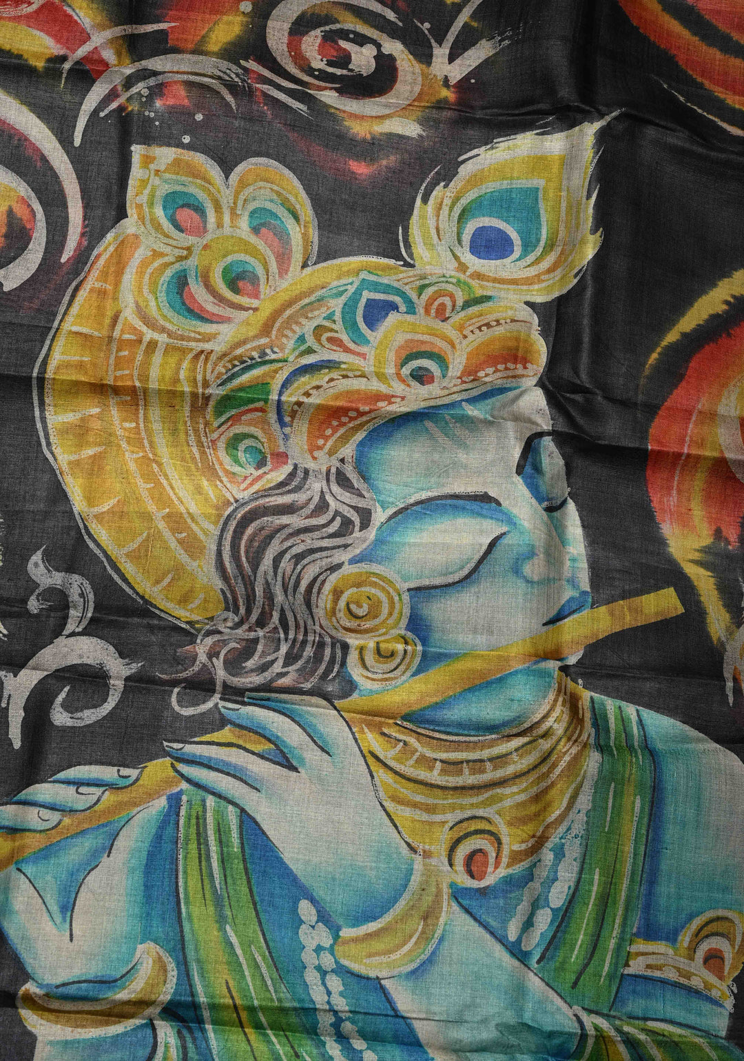 Black Hand Wax Batik Print on JLightweight Tussar Silk saree with Krishna and Peacock Feather Design | SILK MARK CERTIFIED