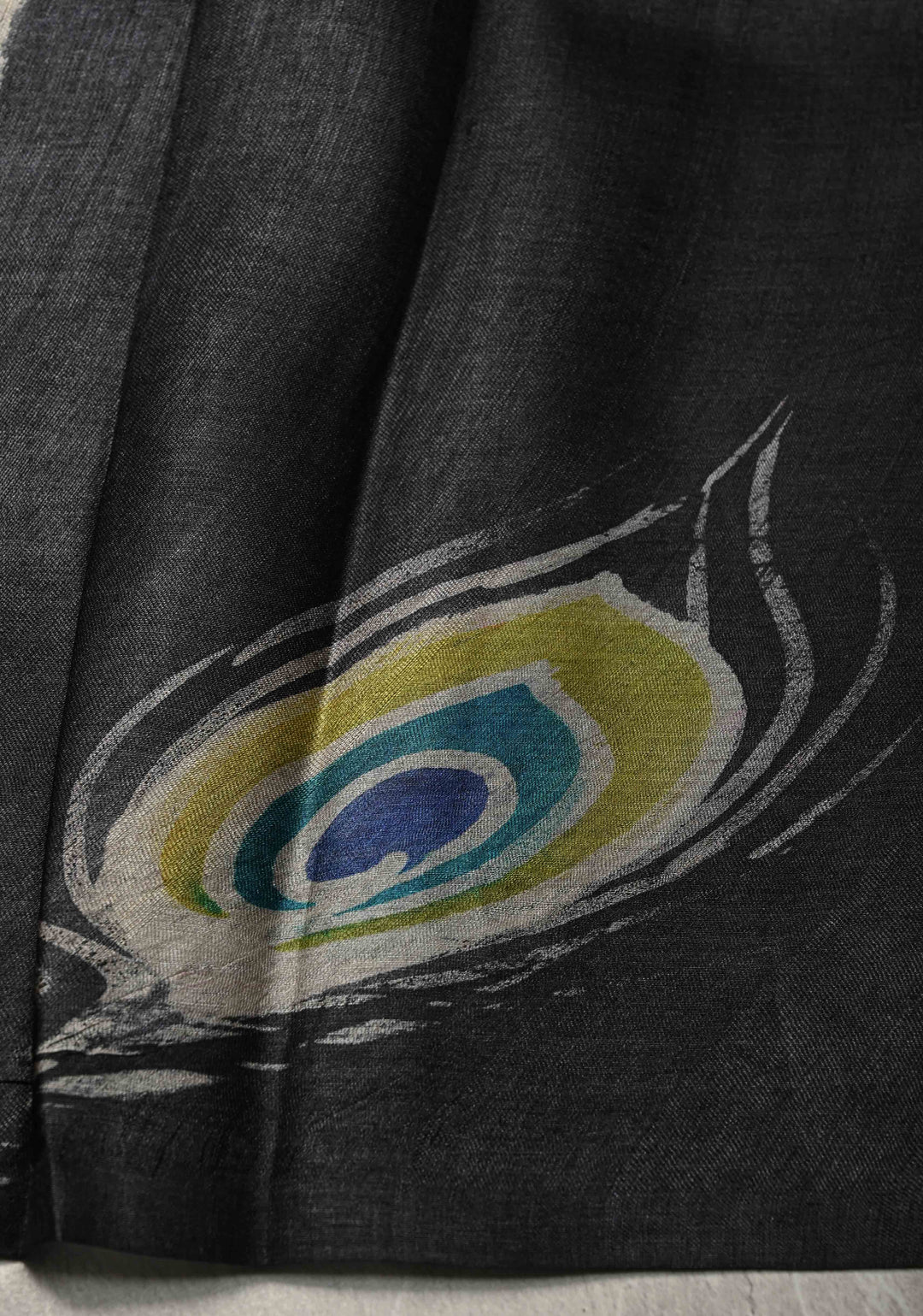 Black Hand Wax Batik Print on JLightweight Tussar Silk saree with Krishna and Peacock Feather Design | SILK MARK CERTIFIED