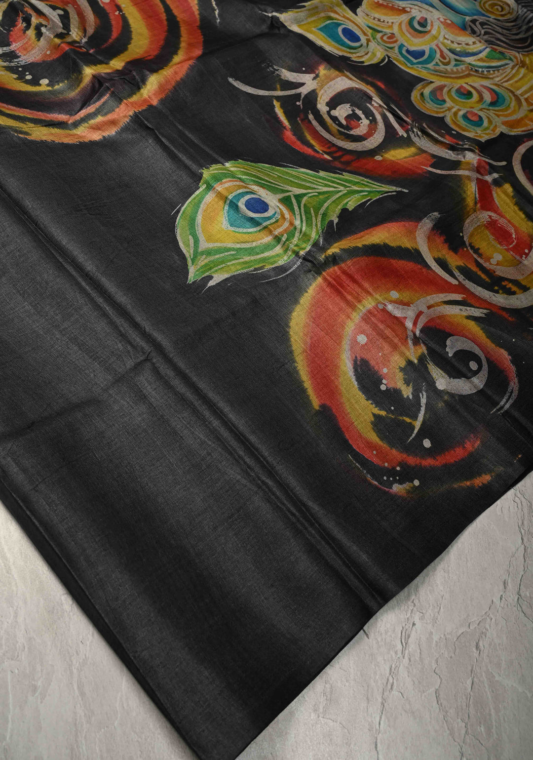 Black Hand Wax Batik Print on JLightweight Tussar Silk saree with Krishna and Peacock Feather Design | SILK MARK CERTIFIED