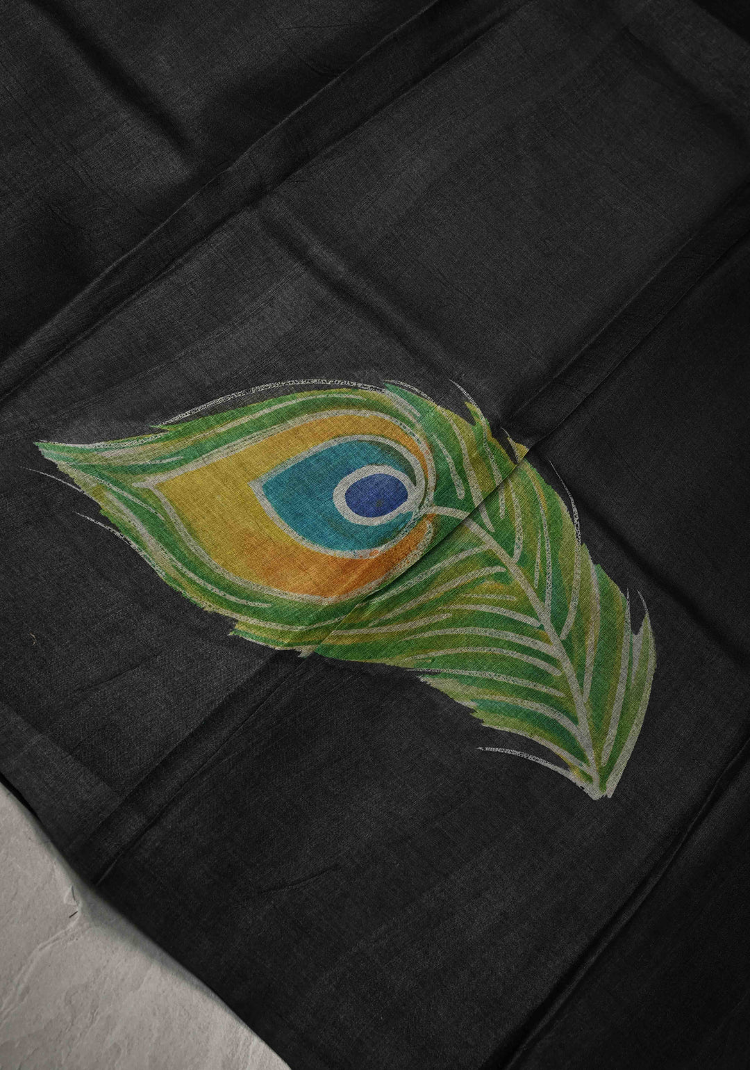 Black Hand Wax Batik Print on JLightweight Tussar Silk saree with Krishna and Peacock Feather Design | SILK MARK CERTIFIED