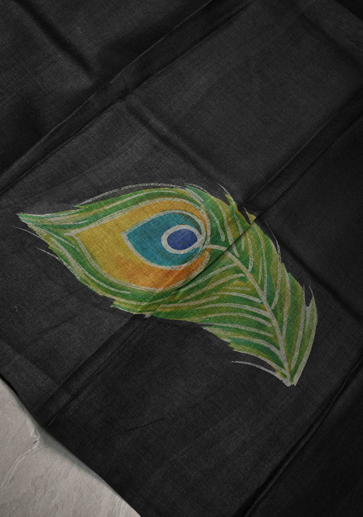 Black Hand Wax Batik Print on JLightweight Tussar Silk saree with Krishna and Peacock Feather Design | SILK MARK CERTIFIED