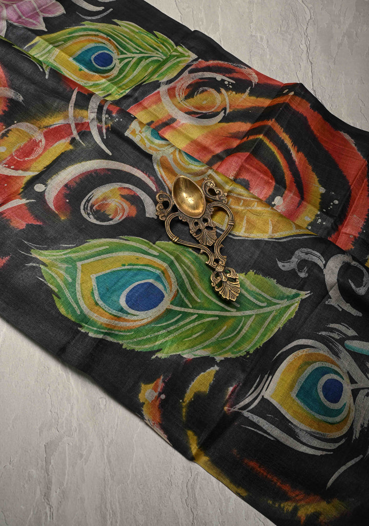 Black Hand Wax Batik Print on JLightweight Tussar Silk saree with Krishna and Peacock Feather Design | SILK MARK CERTIFIED
