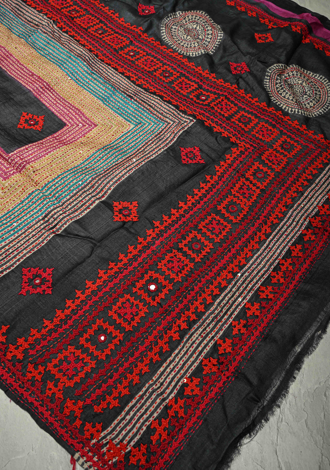 Natural Color Abstract Wave on Tussar Silk Saree with Kantha Kutchi-Style Embroidery and Multicolor Border | SILK MARK CERTIFIED