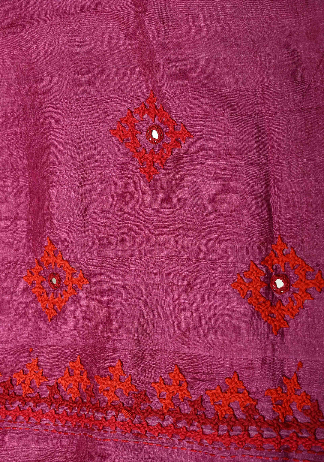 Natural Color Abstract Wave on Tussar Silk Saree with Kantha Kutchi-Style Embroidery and Multicolor Border | SILK MARK CERTIFIED