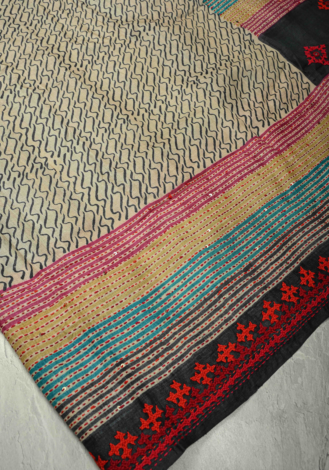 Natural Color Abstract Wave on Tussar Silk Saree with Kantha Kutchi-Style Embroidery and Multicolor Border | SILK MARK CERTIFIED