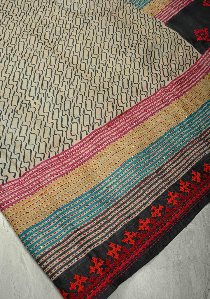 Natural Color Abstract Wave on Tussar Silk Saree with Kantha Kutchi-Style Embroidery and Multicolor Border | SILK MARK CERTIFIED