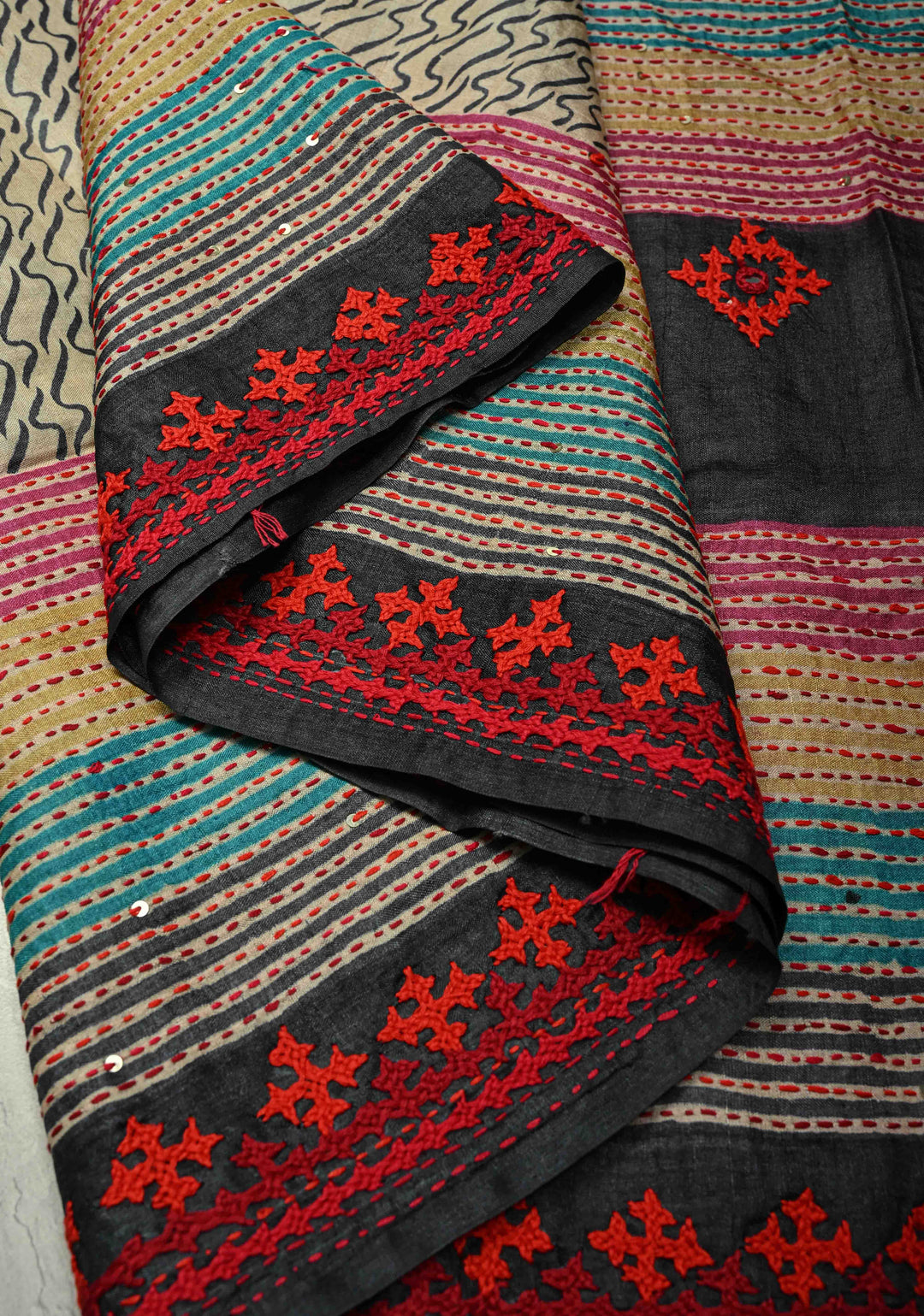 Natural Color Abstract Wave on Tussar Silk Saree with Kantha Kutchi-Style Embroidery and Multicolor Border | SILK MARK CERTIFIED