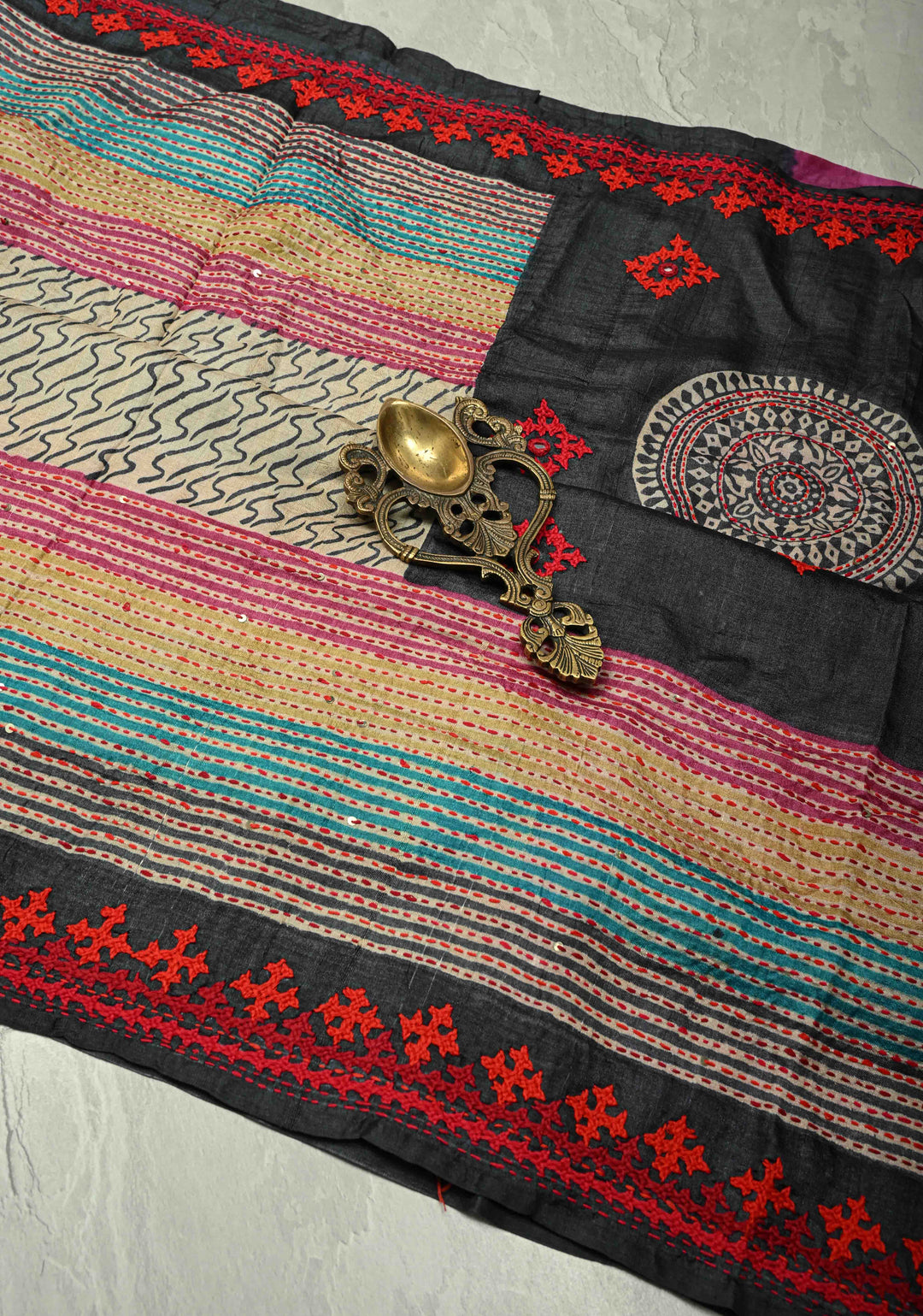 Natural Color Abstract Wave on Tussar Silk Saree with Kantha Kutchi-Style Embroidery and Multicolor Border | SILK MARK CERTIFIED