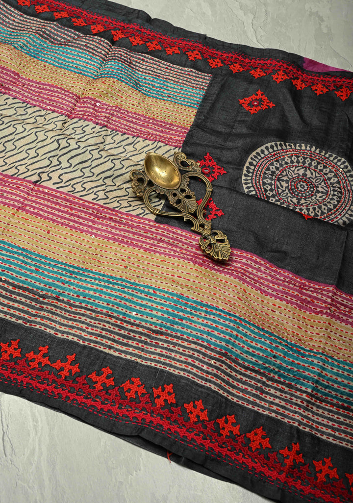 Natural Color Abstract Wave on Tussar Silk Saree with Kantha Kutchi-Style Embroidery and Multicolor Border | SILK MARK CERTIFIED