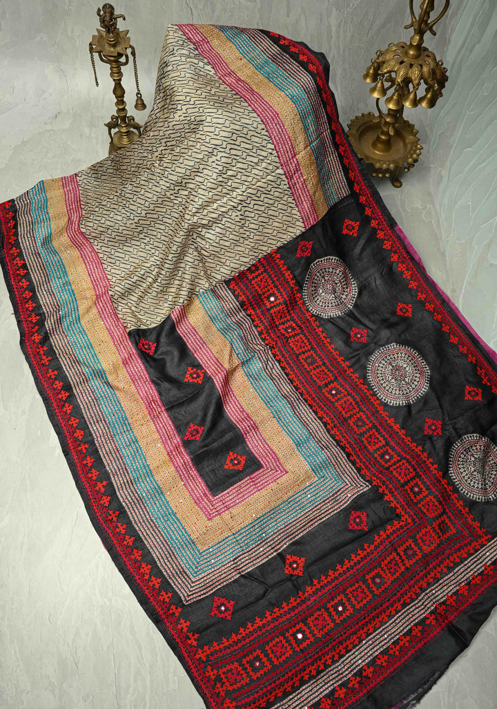 Natural Color Abstract Wave on Tussar Silk Saree with Kantha Kutchi-Style Embroidery and Multicolor Border | SILK MARK CERTIFIED