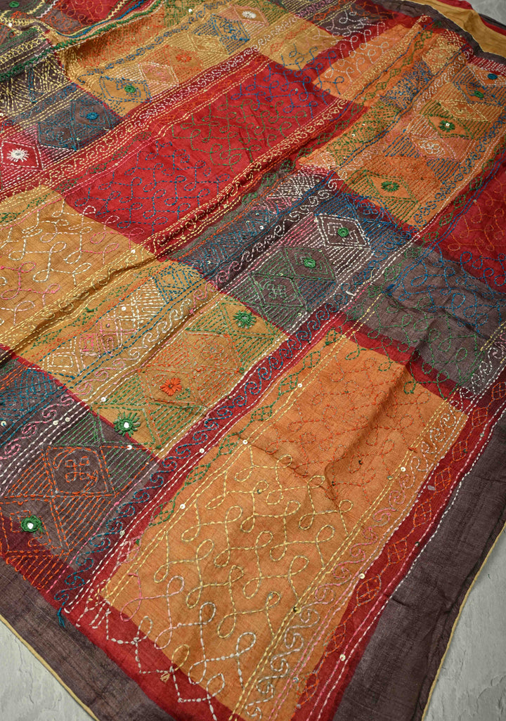 Black-Beige  Tussar Silk saree with Abstract Digital Print and Kantha Hand Embroidery | SILK MARK CERTIFIED (Copy)