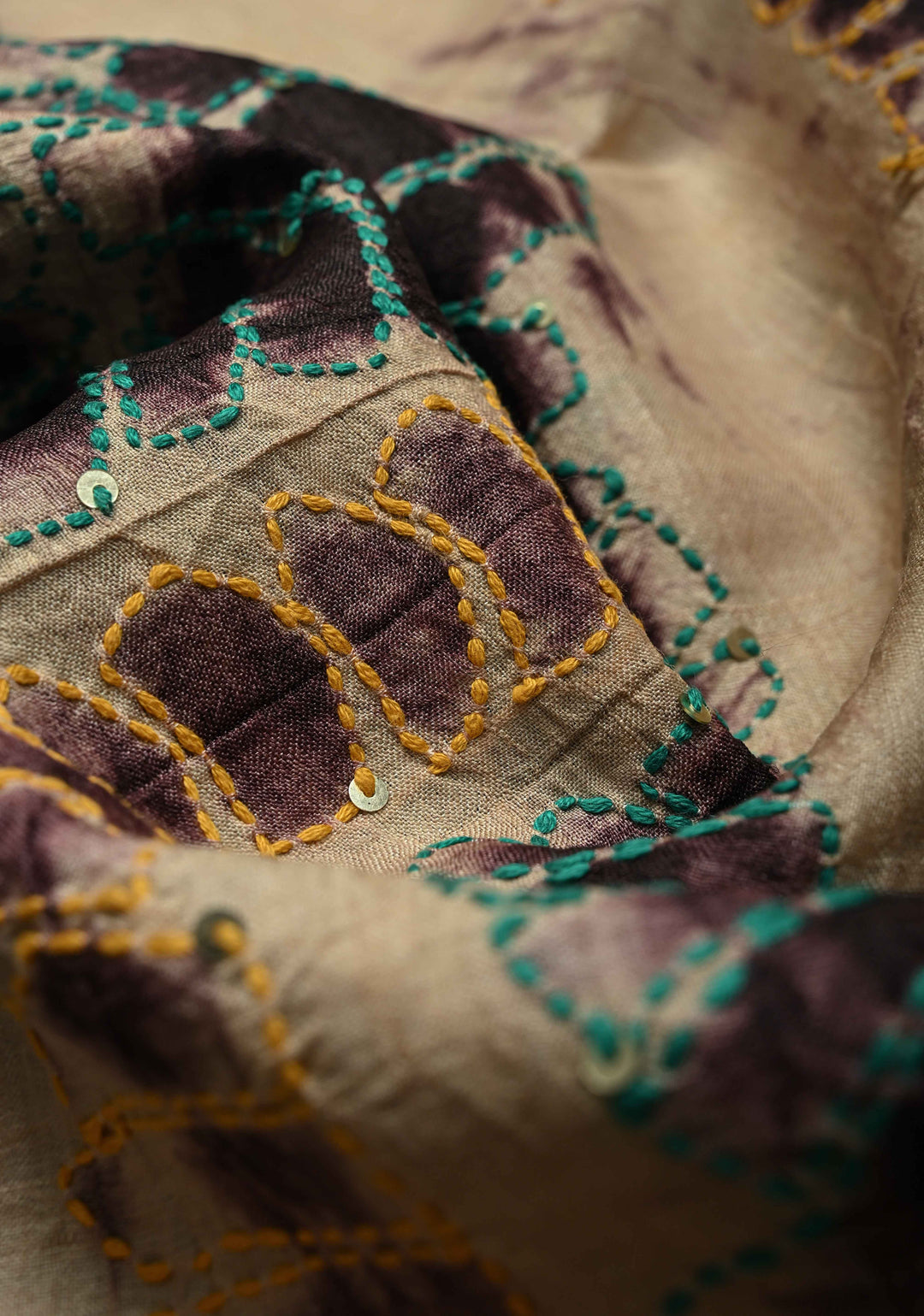 Brick Red Borderless Tussar Silk Saree with Shibori and Kantha Kutchi-Style Embroidery   | SILK MARK CERTIFIED