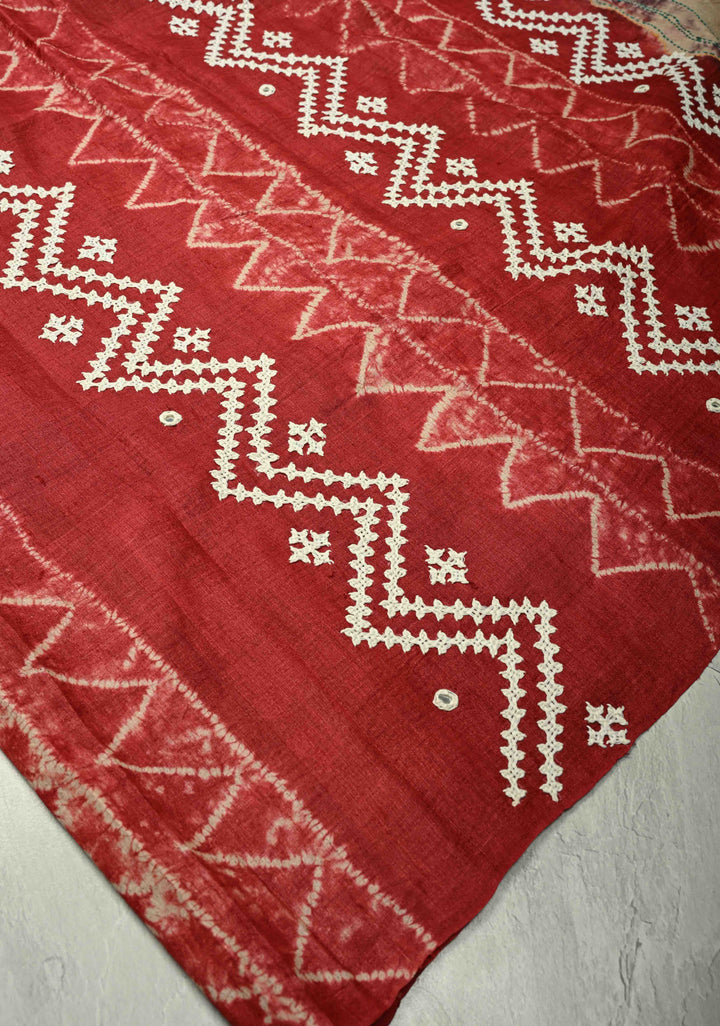 Brick Red Borderless Tussar Silk Saree with Shibori and Kantha Kutchi-Style Embroidery   | SILK MARK CERTIFIED