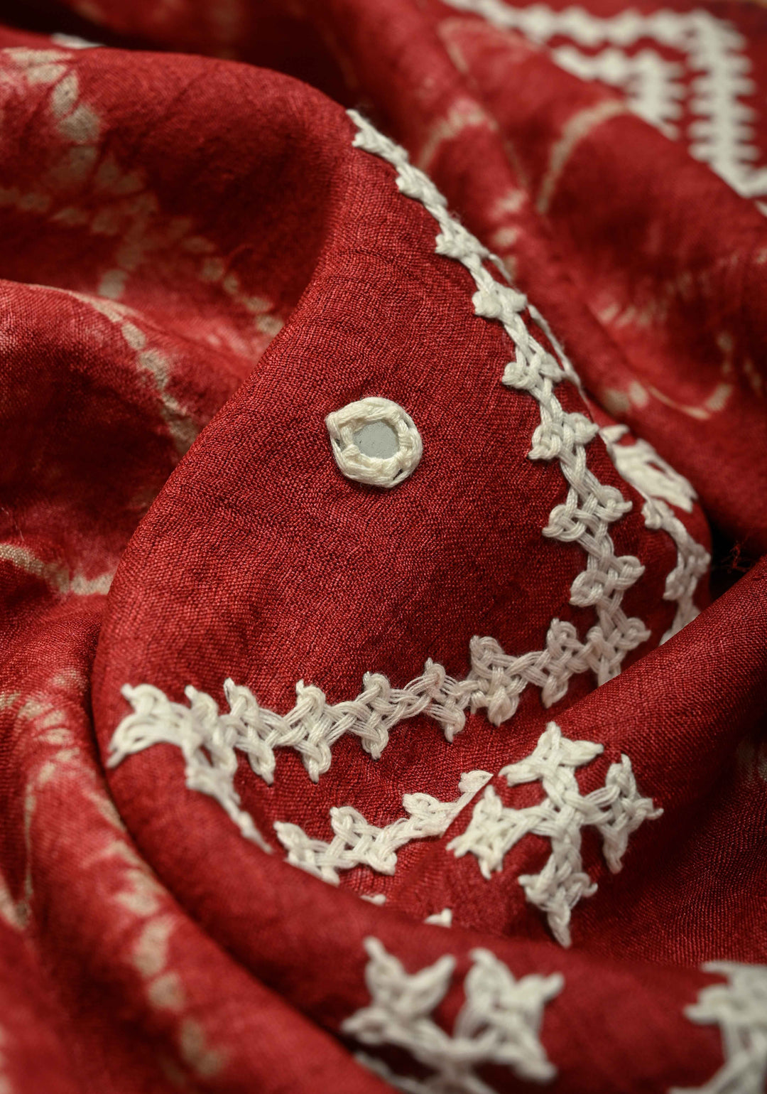 Brick Red Borderless Tussar Silk Saree with Shibori and Kantha Kutchi-Style Embroidery   | SILK MARK CERTIFIED