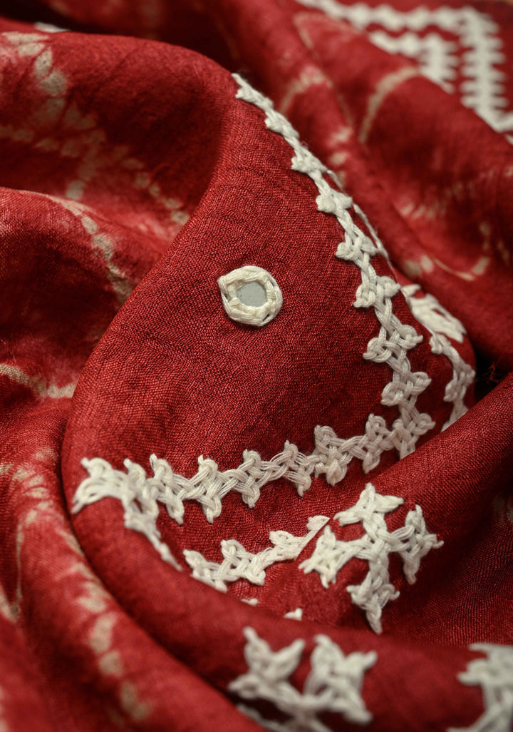 Brick Red Borderless Tussar Silk Saree with Shibori and Kantha Kutchi-Style Embroidery   | SILK MARK CERTIFIED