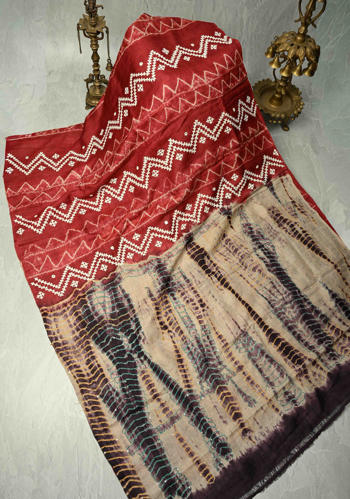 Brick Red Borderless Tussar Silk Saree with Shibori and Kantha Kutchi-Style Embroidery   | SILK MARK CERTIFIED