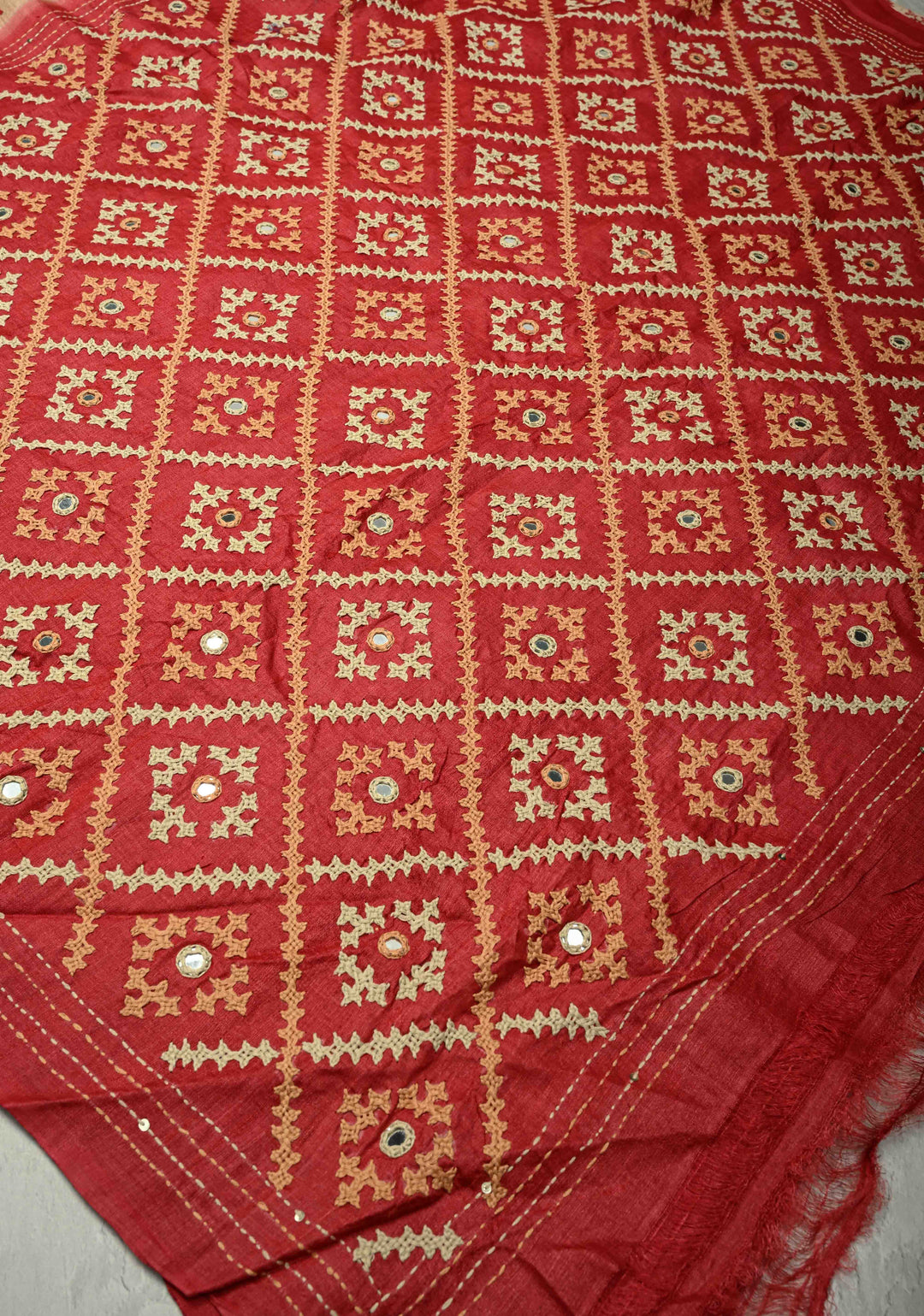 Tan Floral Digital Print on Tussar Silk Saree with Gujarati Hand Embroidery and Mirror Work on Pallu | SILK MARK CERTIFIED