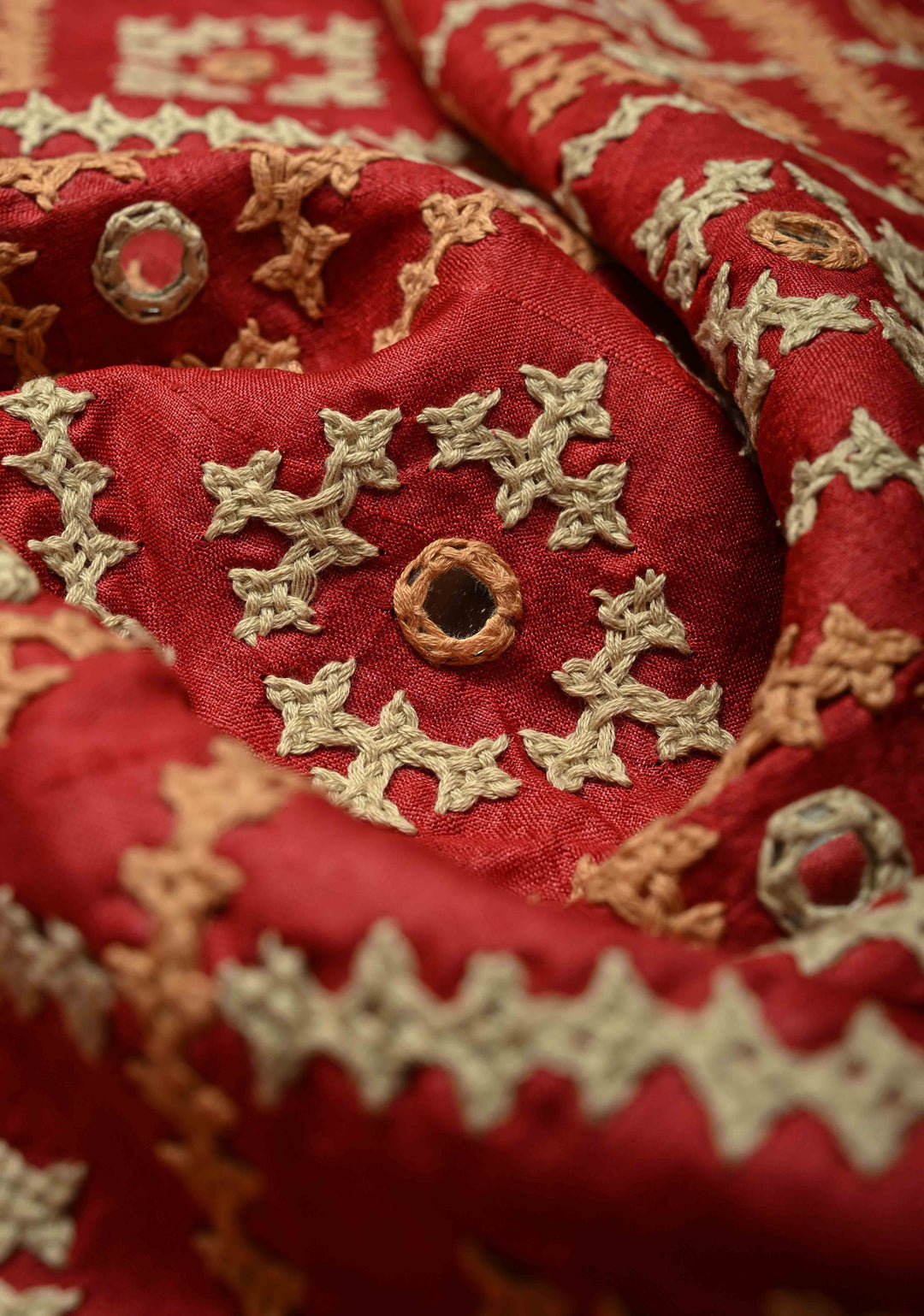 Tan Floral Digital Print on Tussar Silk Saree with Gujarati Hand Embroidery and Mirror Work on Pallu | SILK MARK CERTIFIED