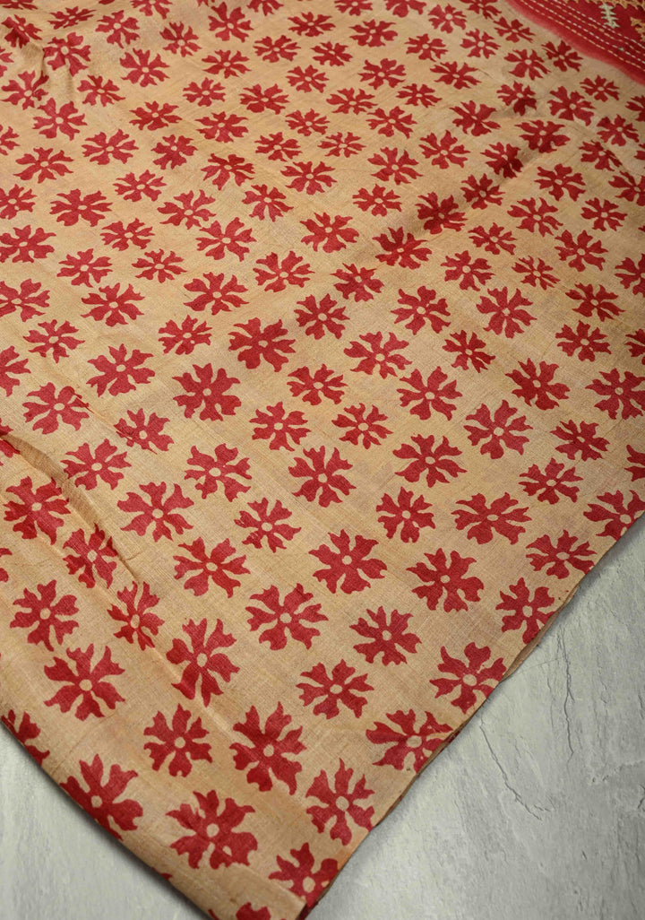 Tan Floral Digital Print on Tussar Silk Saree with Gujarati Hand Embroidery and Mirror Work on Pallu | SILK MARK CERTIFIED